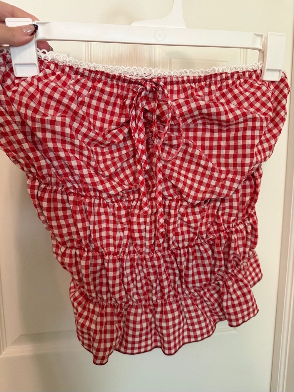 Red Gingham Smocked Strapless Top